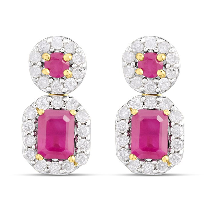9ct Ruby And Diamond Double Cluster Drop Earrings - D94132