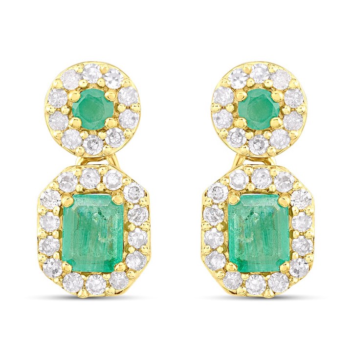 9ct Emerald And Diamond Double Cluster Drop Earrings - D94133