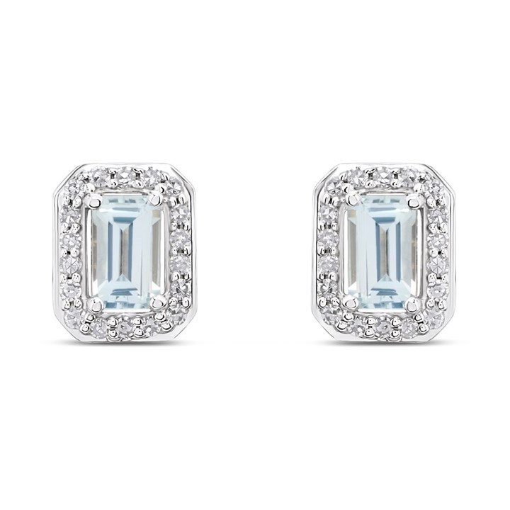 9ct White Gold Rectangular Aquamarine And Diamond Stud Earrings - D94136
