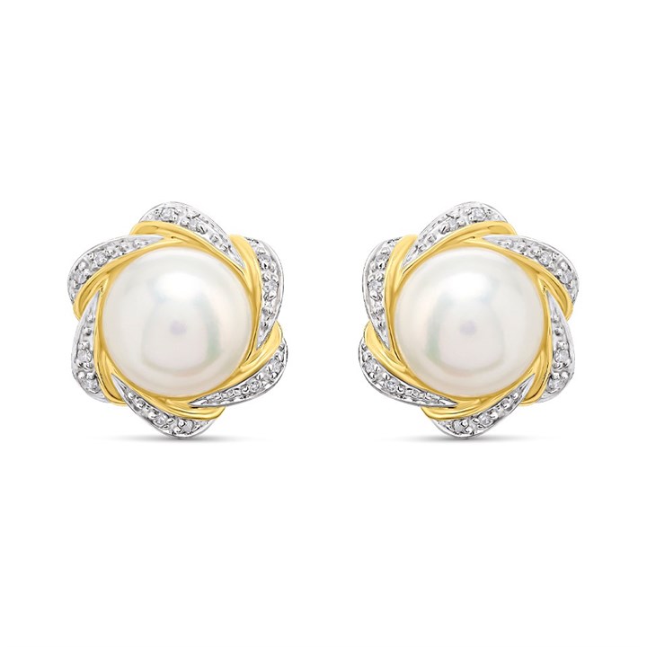 9ct Freshwater Pearl And Diamond Swirl Stud Earrings - D94138