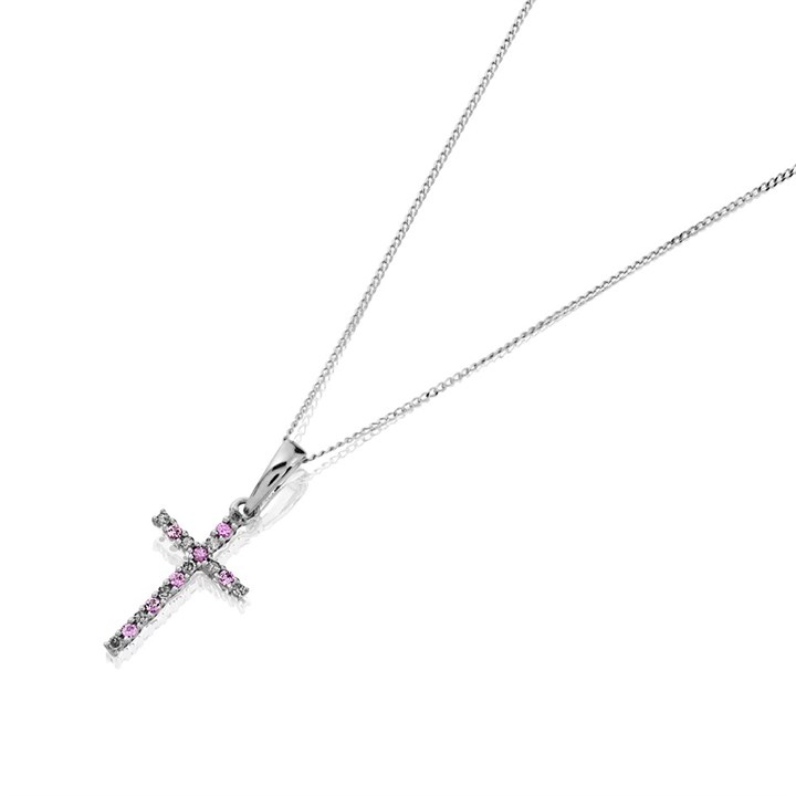 9ct White Gold Pink Sapphire And Diamond Cross And Chain - D95115