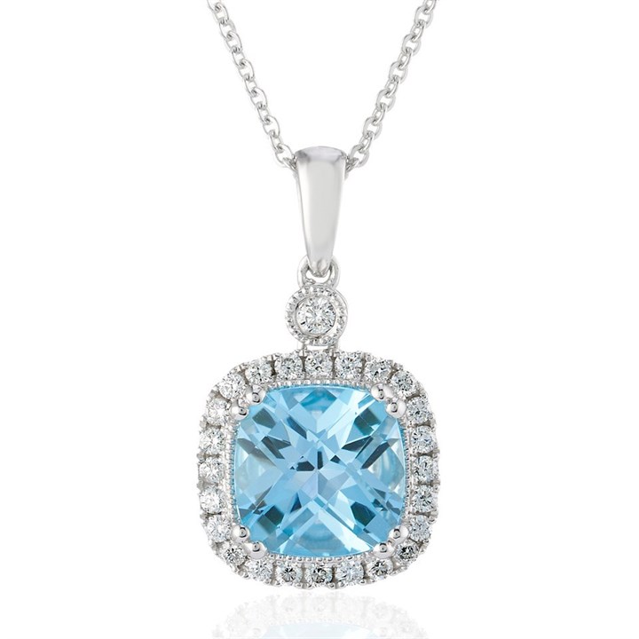 9ct White Gold Blue Topaz And Diamond Necklace - 18pts - D95140