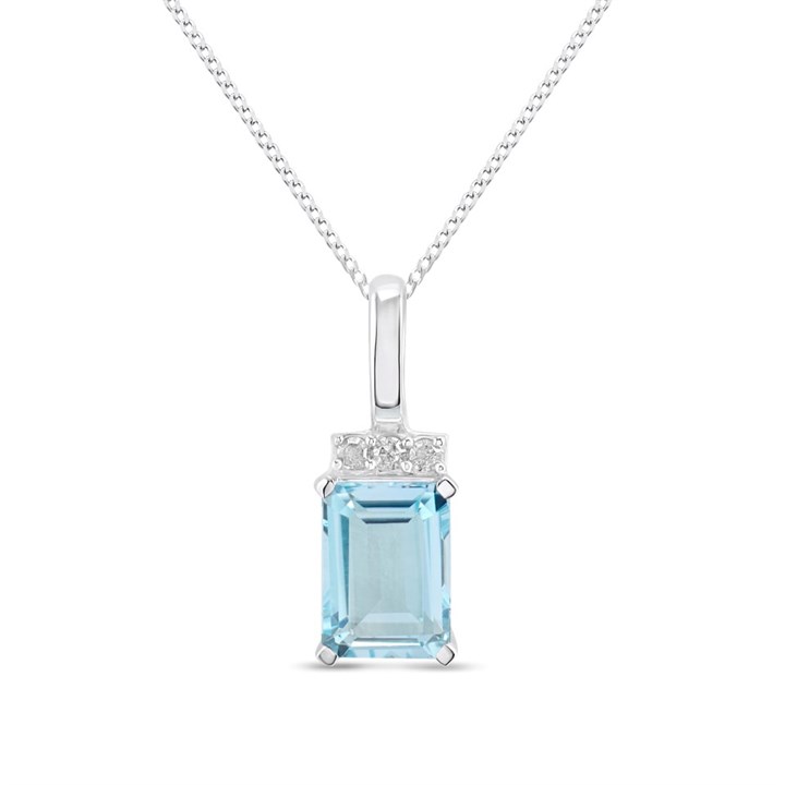 9ct White Gold Rectangular Blue Topaz And Diamond Necklace - D95159