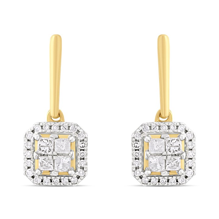 9ct Square Princess Cut And Round Diamond Cluster Earrings, 1/3ct/pair - D96100