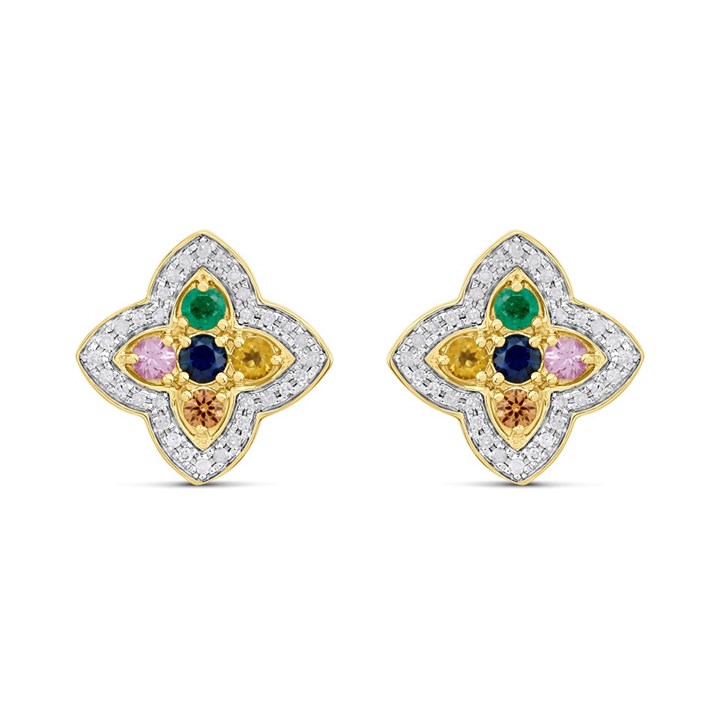 9ct Diamond And Multi-Coloured Sapphire Clover Stud Earrings - D96117