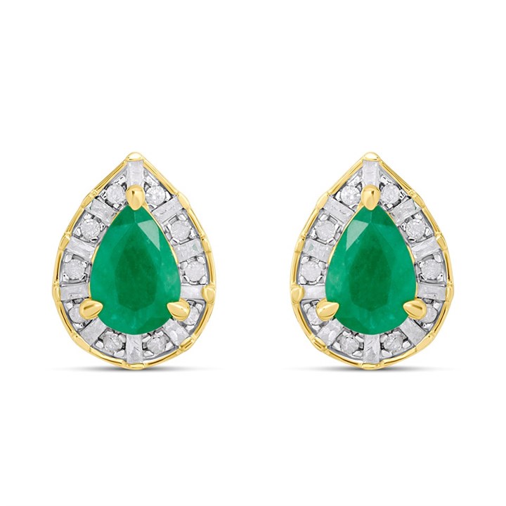 9ct Pear Emerald And Diamond Cluster Stud Earrings - D96118