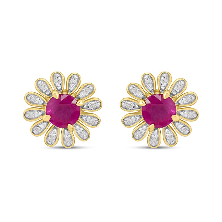 9ct Gold Ruby And Diamond Flower Stud Earrings - D96123