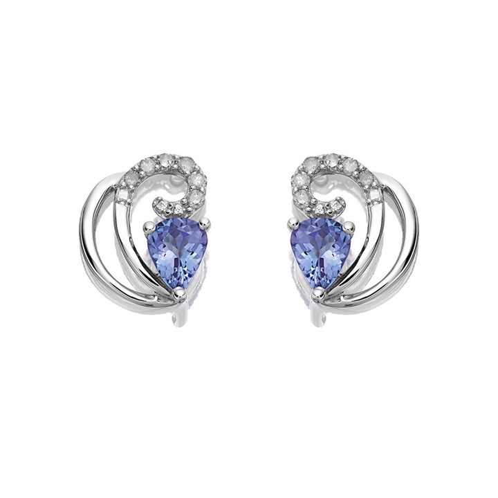 9ct White Gold Tanzanite And Diamond Swirl Earrings - 9pts per pair - D9652
