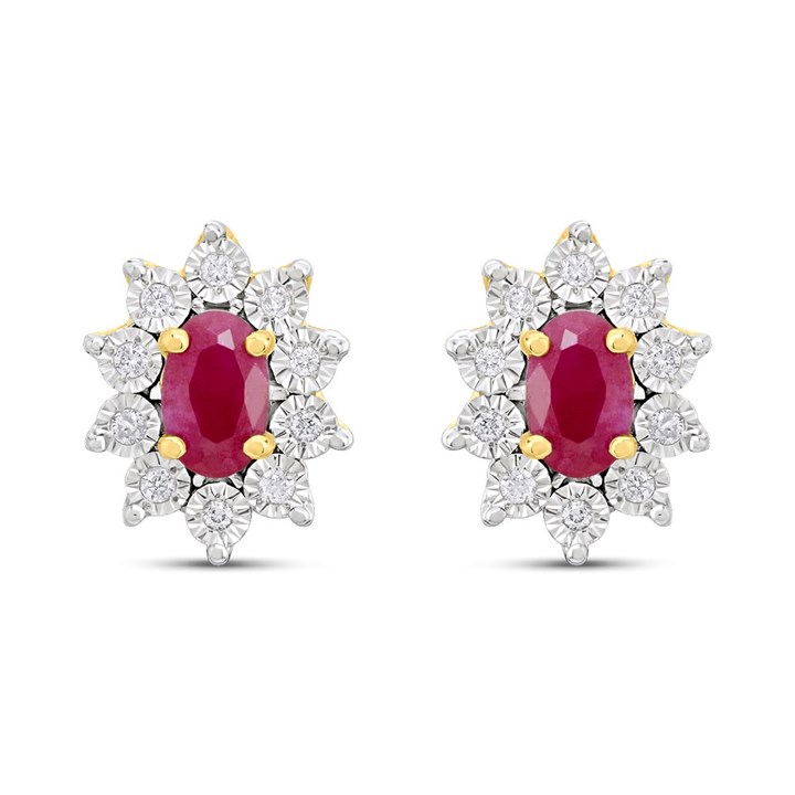 9ct Gold Oval Ruby And Diamond Stud Earrings - D9686