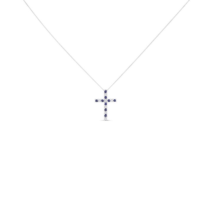 9ct White Gold Sapphire And Diamond Cross - 10pts - D97114