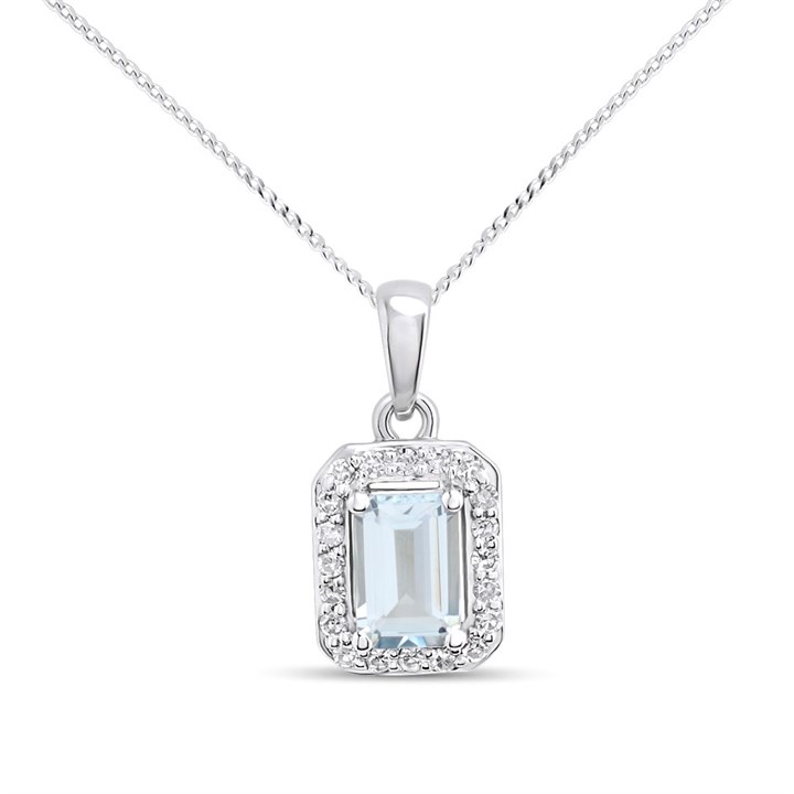 9ct White Gold Rectangular Aquamarine And Diamond Necklace - D97129