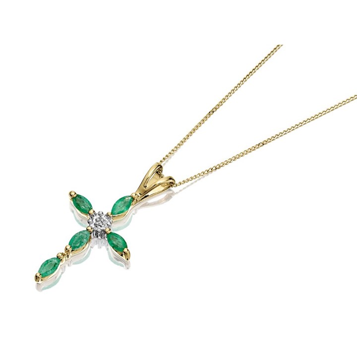 9ct Gold Emerald And Diamond Cross Necklace - D9799