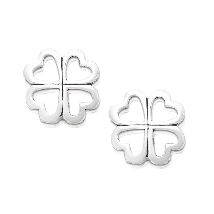 Silver Four Leaf Clover Heart Stud Earrings - 8mm - F0116
