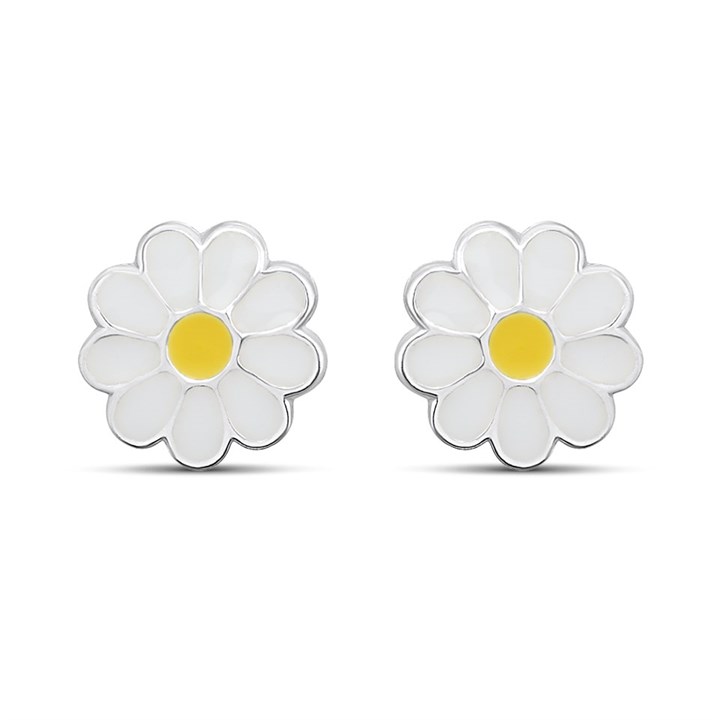 Silver Enamel White Daisy Stud Earrings- 7mm - F0156