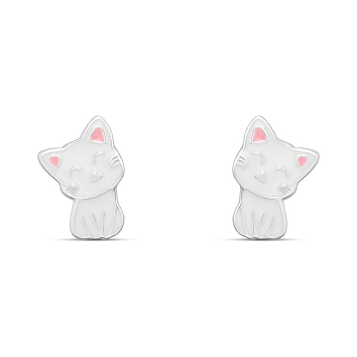 Silver Enamel White Cat Stud Earrings - F0159
