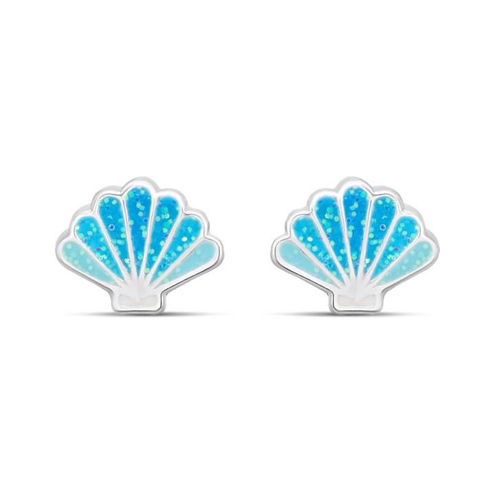 Silver Enamel Blue Shell Stud Earrings- 8mm - F0160