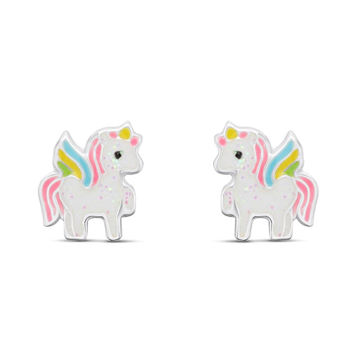 Silver Enamel Unicorn Glitter Stud Earrings- 8mm - F0161