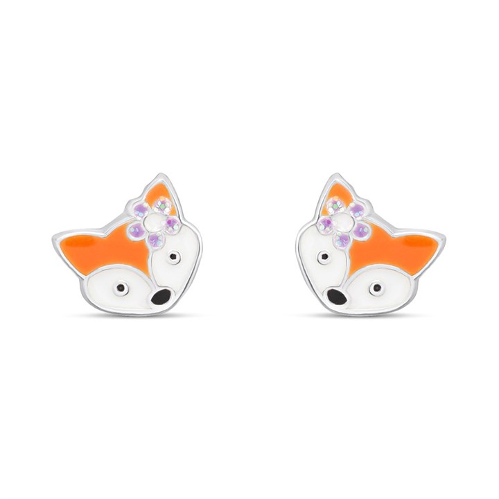 Silver Enamel Fox Stud Earrings - F0162