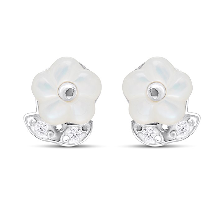 Silver Mother Of Pearl And CZ Flower Stud Earrings - F03114