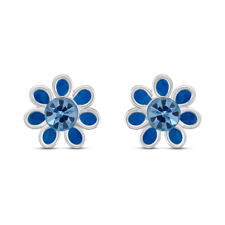 Silver Blue CZ Flower Stud Earrings - F03115