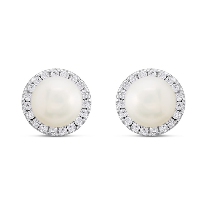 Silver Cultured Freshwater Pearl 5.5-6mm Halo Stud Earrings - F03120