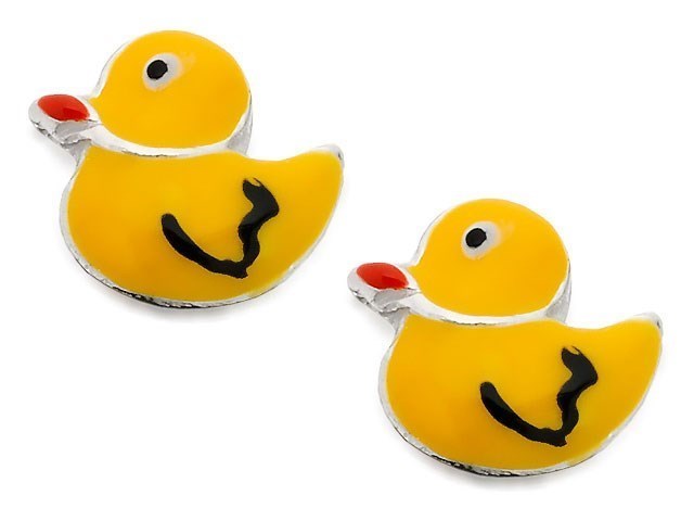 Silver Yellow Enamel Duck Stud Earrings - 7mm - F0339