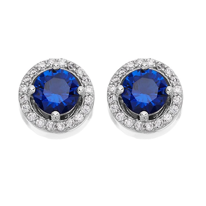 Silver Blue Cubic Zirconia Halo Stud Earrings - 7mm - F04018