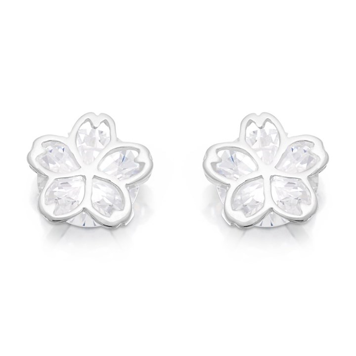 Silver Cubic Zirconia Flower Stud Earrings - 5mm - F04021