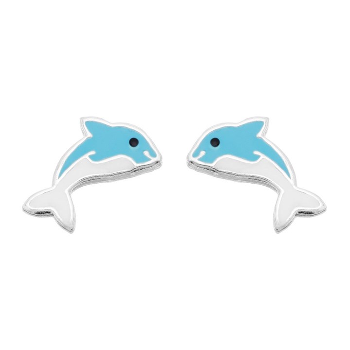Silver Enamel Dolphin Stud Earrings - 10mm - F04022