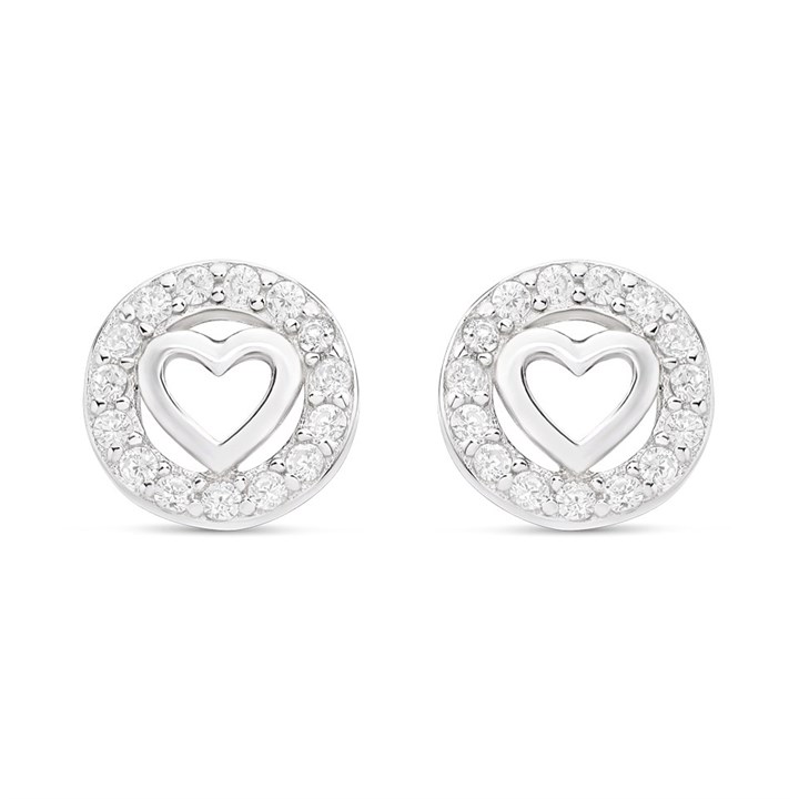 Silver Cubic Zirconia Heart In Circle Stud Earrings - 6mm - F04025