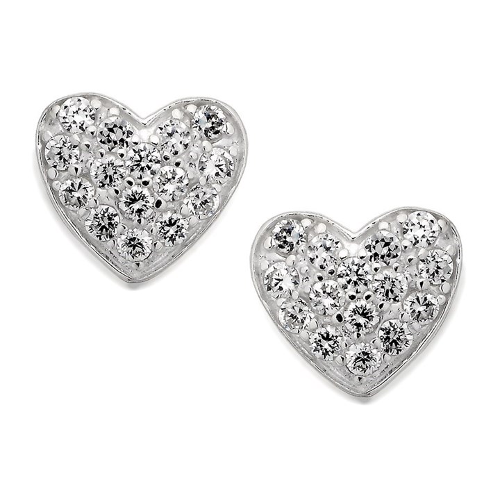 Silver Cubic Zirconia Heart Stud Earrings - 9mm - F0402