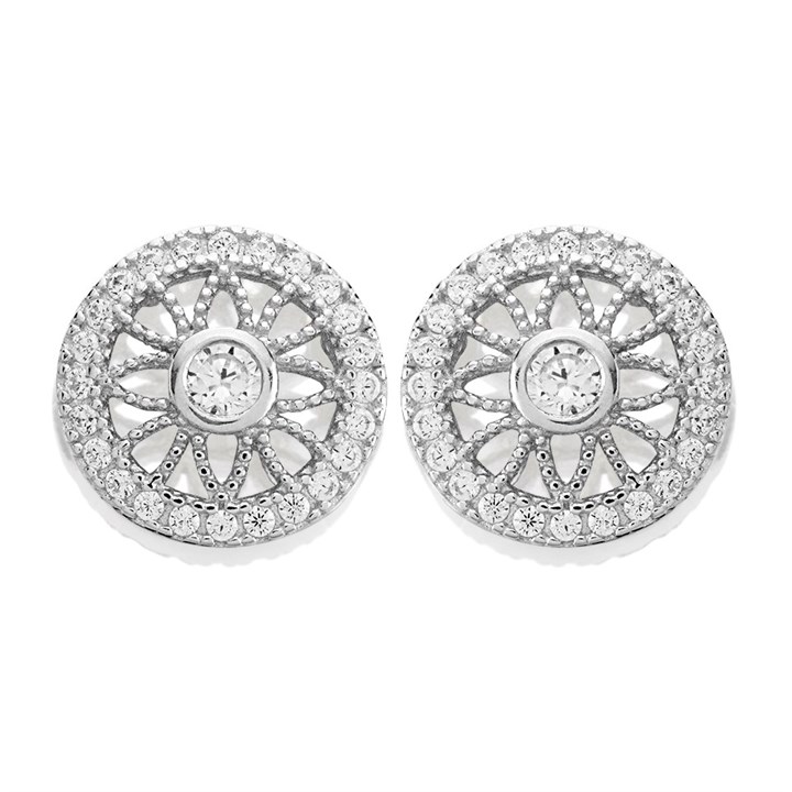 Silver Cubic Zirconia Halo Flower Stud Earrings - 10mm - F04039