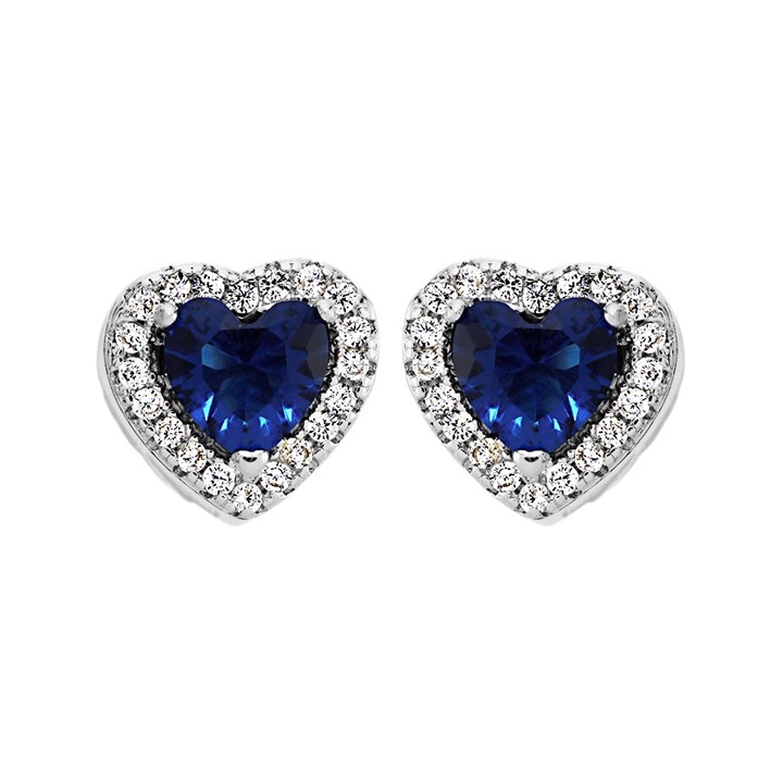 Silver Blue Cubic Zirconia Heart Halo Stud Earrings - 9mm - F04042