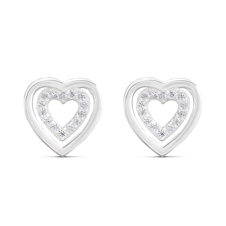 Silver Cubic Zirconia Double Heart Stud Earrings - 10mm - F04044