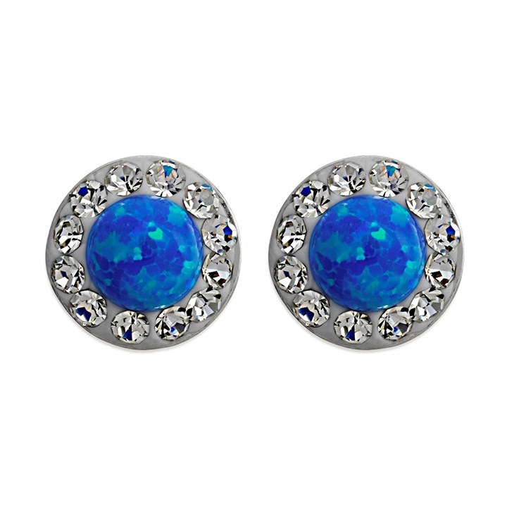 Silver Imitation Opal And Crystal Stud Earrings - 7mm - F04048