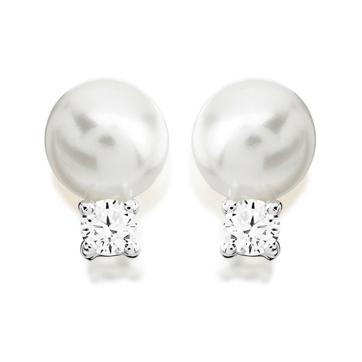 Silver Cubic Zirconia And Freshwater Pearl Stud Earrings - 10mm - F04053