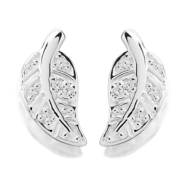 Silver Cubic Zirconia Leaf Stud Earrings - 8mm - F04055