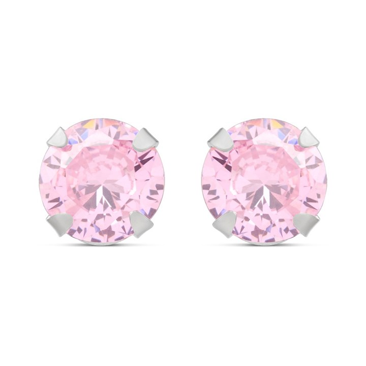 Silver Pink Cubic Zirconia Stud Earrings - 6mm - F04060