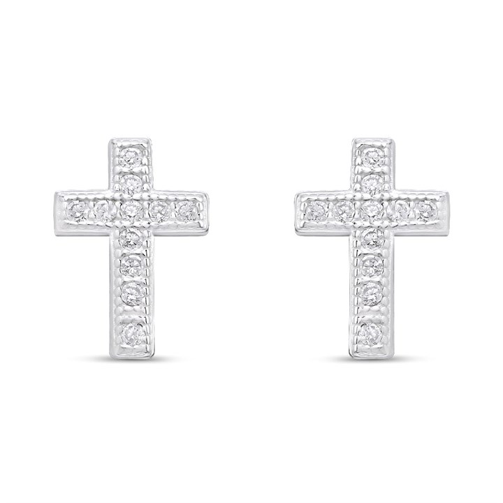 Silver C.Z. Cross Stud Earrings - 9mm - F04069