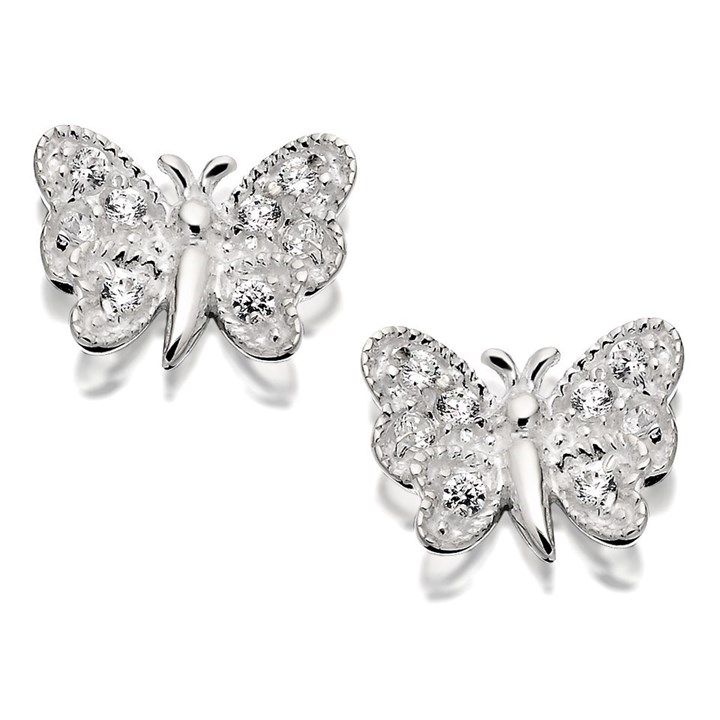 Silver Cubic Zirconia Butterfly Stud Earrings - F0406