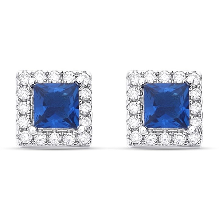 Silver Blue Cubic Zirconia Square Cluster Stud Earrings - 6mm - F04126