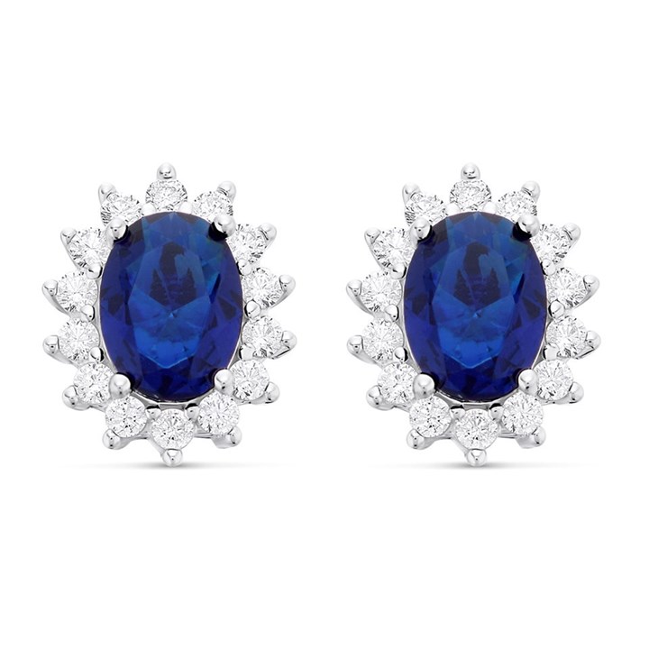 Silver Blue Cubic Zirconia Oval Cluster Stud Earrings - 12mm - F04129