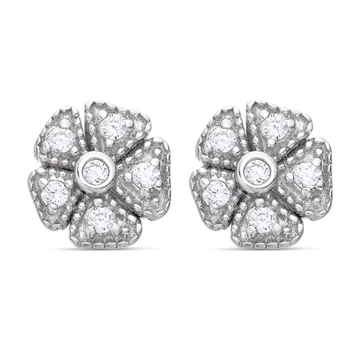 Silver Cubic Zirconia Flower Stud Earrings - 7mm - F0412