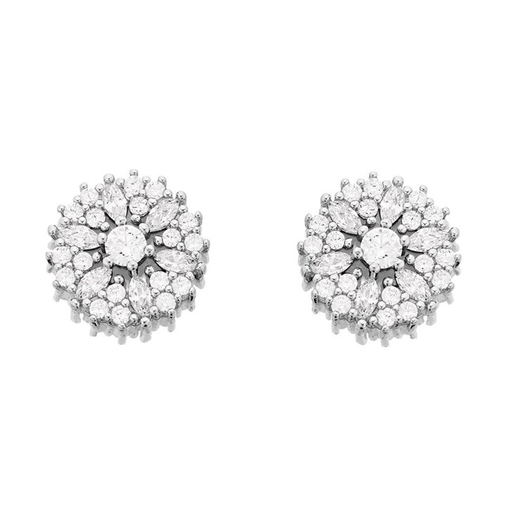 Silver Cubic Zirconia Cluster Stud Earrings - 9mm - F04135