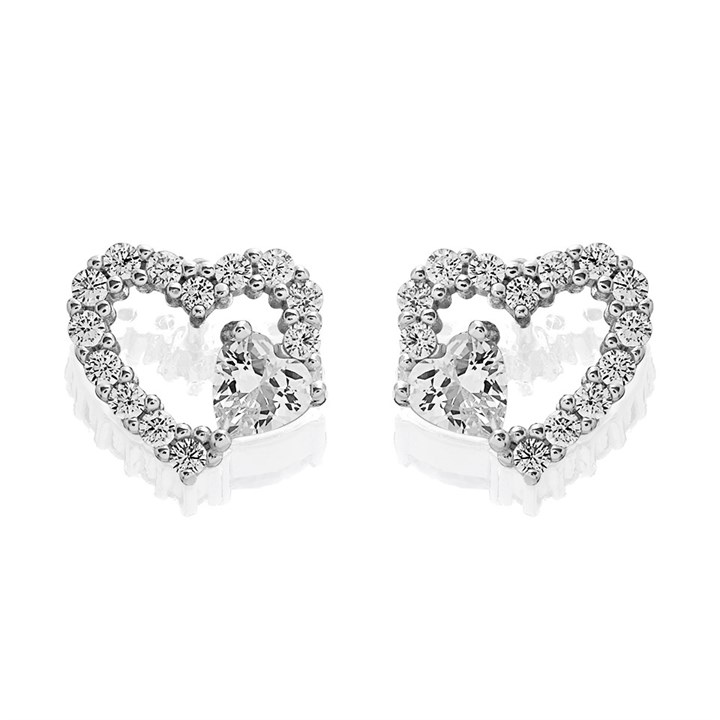 Silver Cubic Zirconia Double Heart Stud Earrings - 10mm - F04147