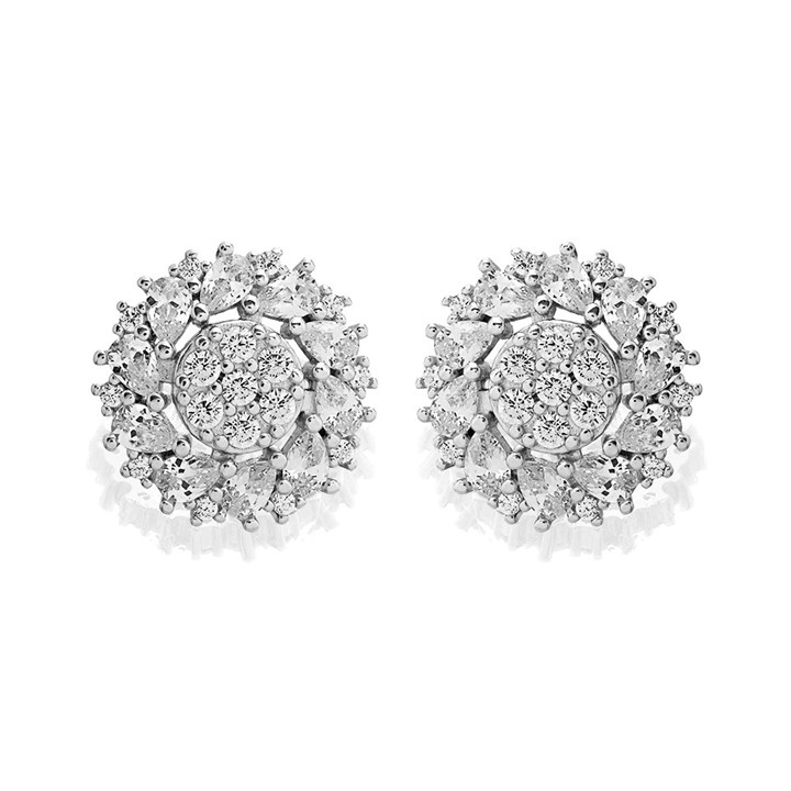 Silver Cubic Zirconia Cluster Stud Earrings - 11mm - F04149