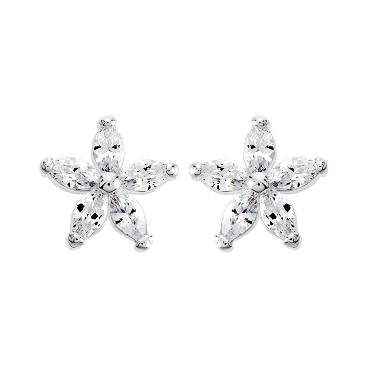 Silver Cubic Zirconia Flower Stud Earrings - 10mm - F04169