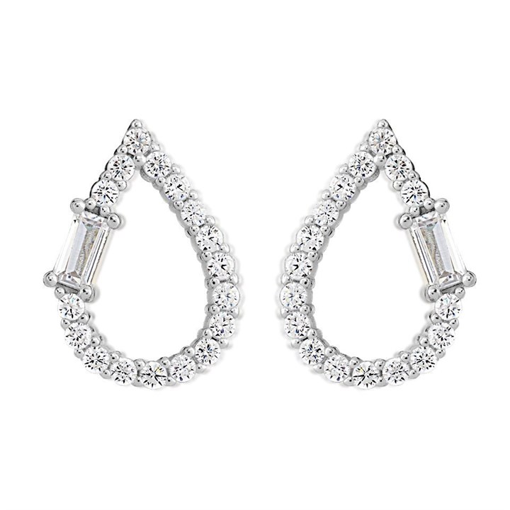 Silver Cubic Zirconia Open Pear Stud Earrings - 14mm - F04185