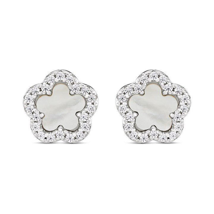 Silver C.Z. Mother Of Pearl Flower Stud Earrings - F04203