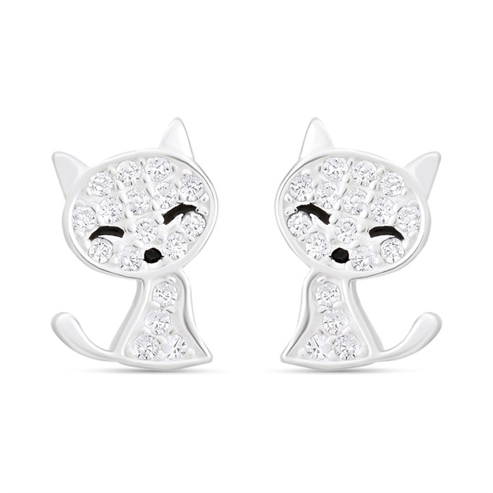 Silver Cat Cubic Zirconia Stud Earrings - F04205